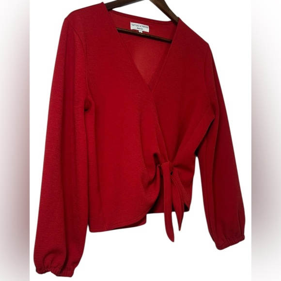 Madewell Texture & Thread Crimson Red Crepe Wrap Top Size L Long Balloon Sleeve - Picture 5 of 10